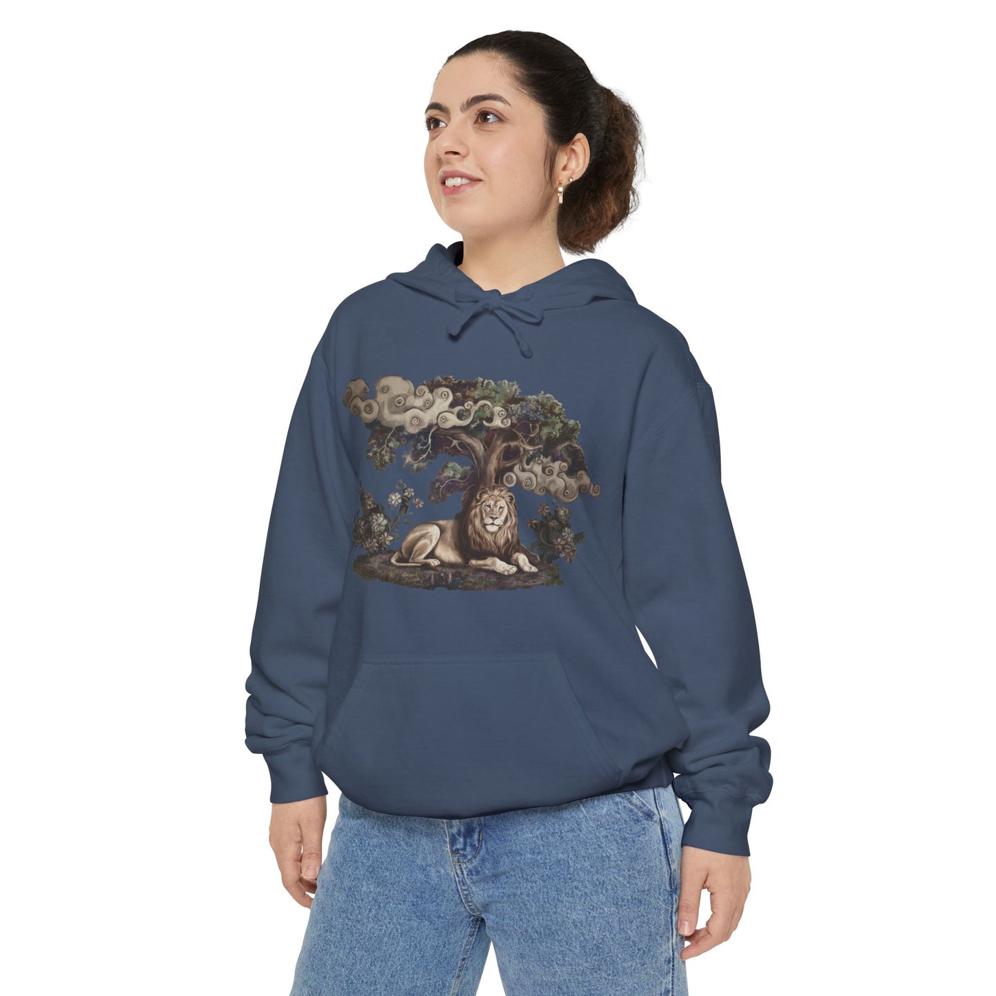 Mystical Lion Hoodie - Comfort Colors Celestial Tree of Life Sweatshirt - Lion Spirit Animal Gift - Bohemian Animal Art Hoodie