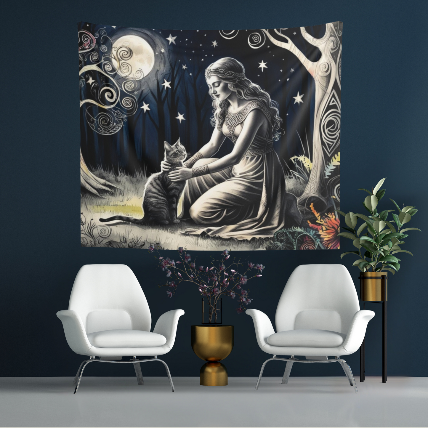 Moonlight Blessing Wall Tapestry – A Forest Goddess and Her Cat