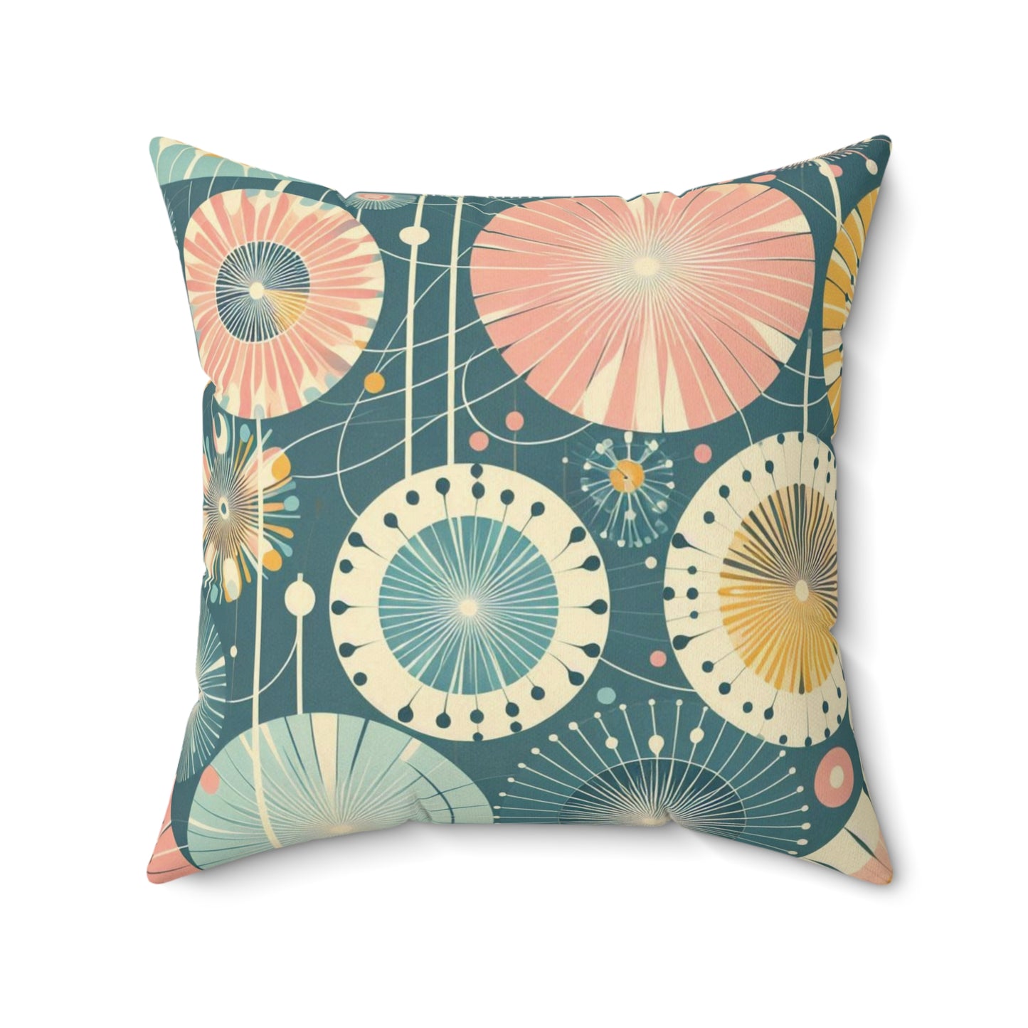 Faux Suede Pillow - Whimsical Abstract Dandelions, Deep Teal with Peach and Yellow Accents