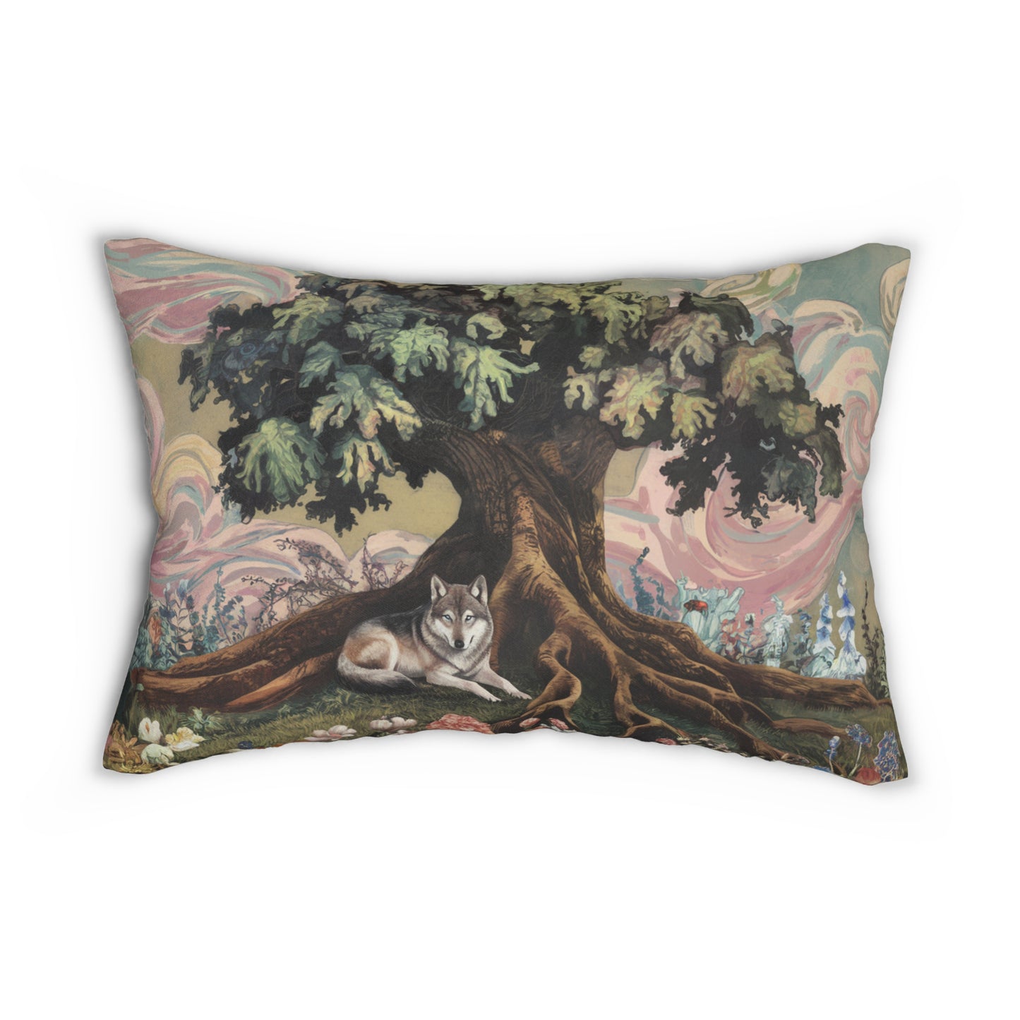 Wolf Lumbar Pillow, Mystical Tree Cushion, Dark Fairytale Woodland Home Decor, 20x14 Gothic Throw Pillow