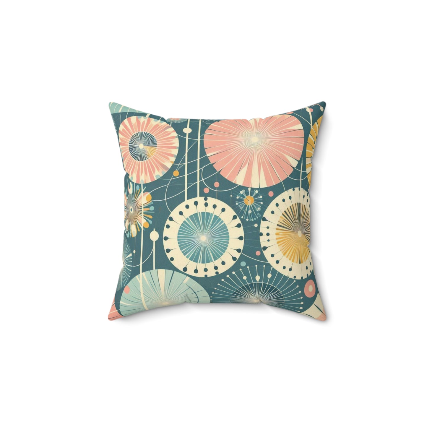 Faux Suede Pillow - Whimsical Abstract Dandelions, Deep Teal with Peach and Yellow Accents