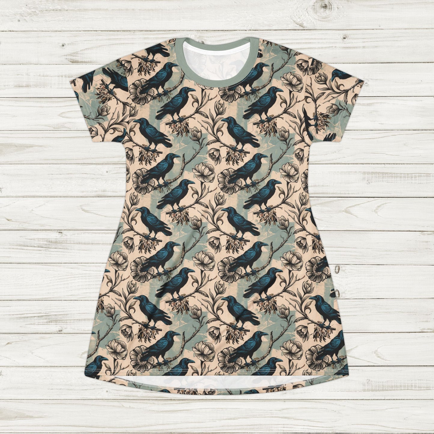 Crow Sketch T-Shirt Dress – Gothic Parchment Botanical Tunic