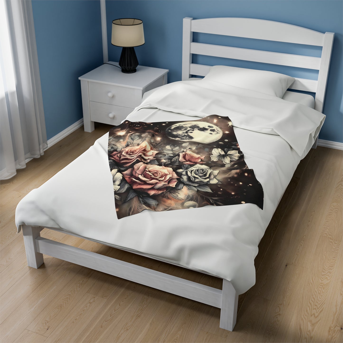 Velveteen Plush Blanket - Vintage Rose Garden Celestial Moon Print