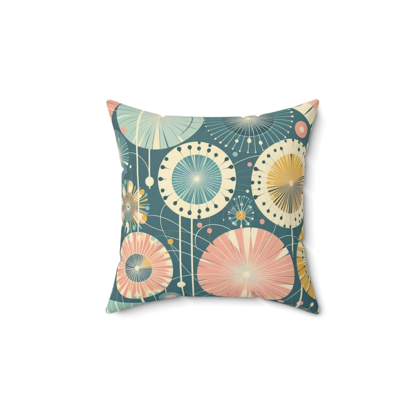 Faux Suede Pillow - Whimsical Abstract Dandelions, Deep Teal with Peach and Yellow Accents