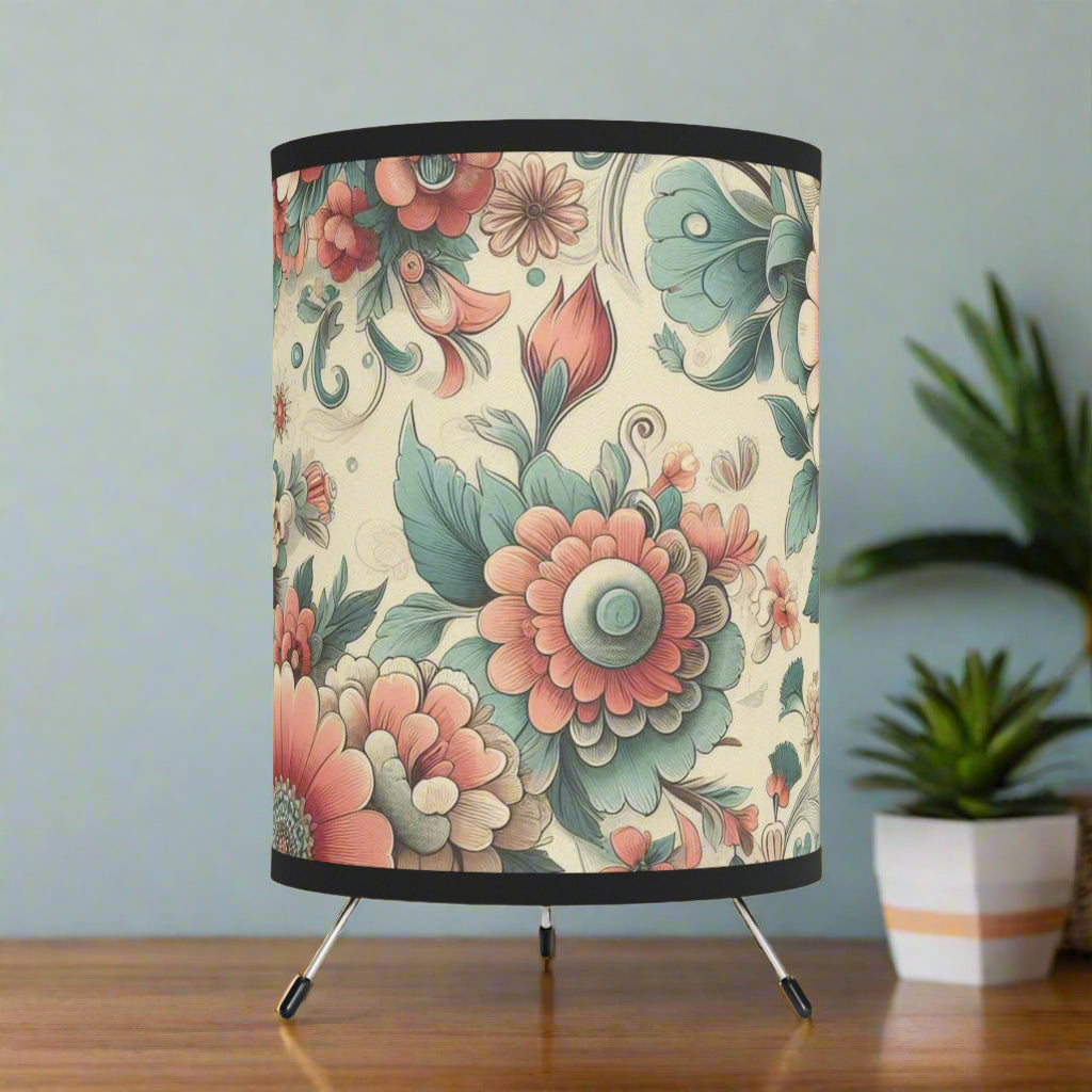 Tripod Table Lamp - Peach and Teal Florals Over Cream