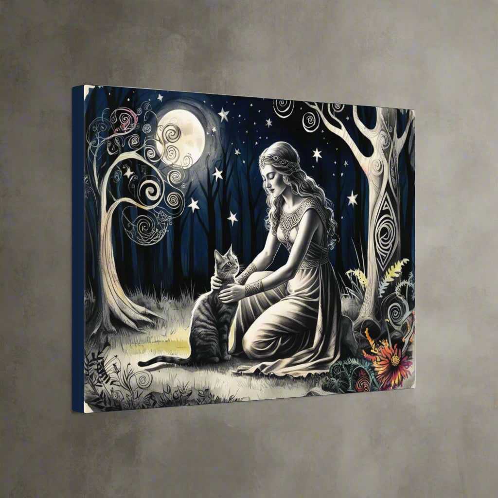 Cat & Moon Forest Canvas – Enchanted Wall Art for Nature Lovers