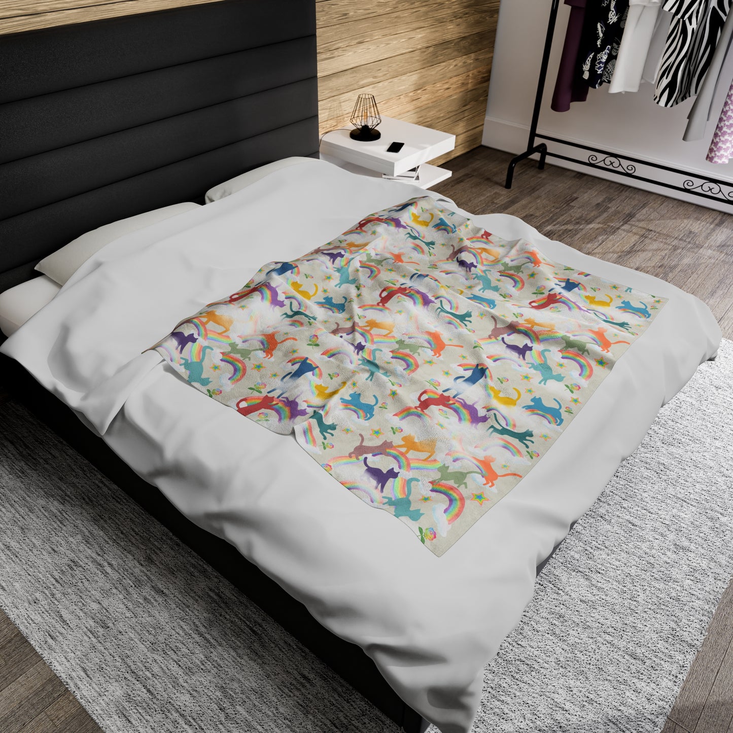 Velveteen Plush Blanket - Kitties Playing in Rainbows and Clouds