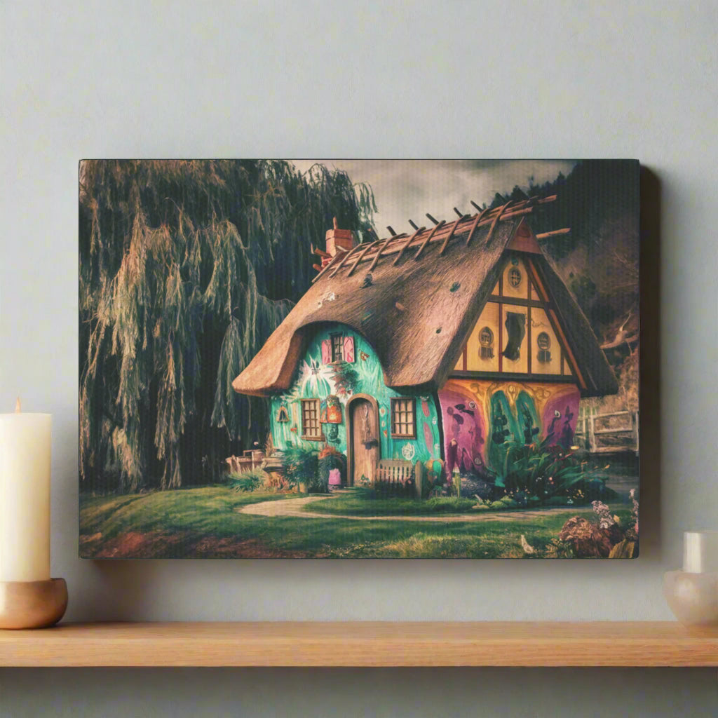 Mini Art for Wall or Shelf, Canvas Sticky Tile - 7x5" Colorful Witchy Cottage with Weeping Willow in the Wilderness