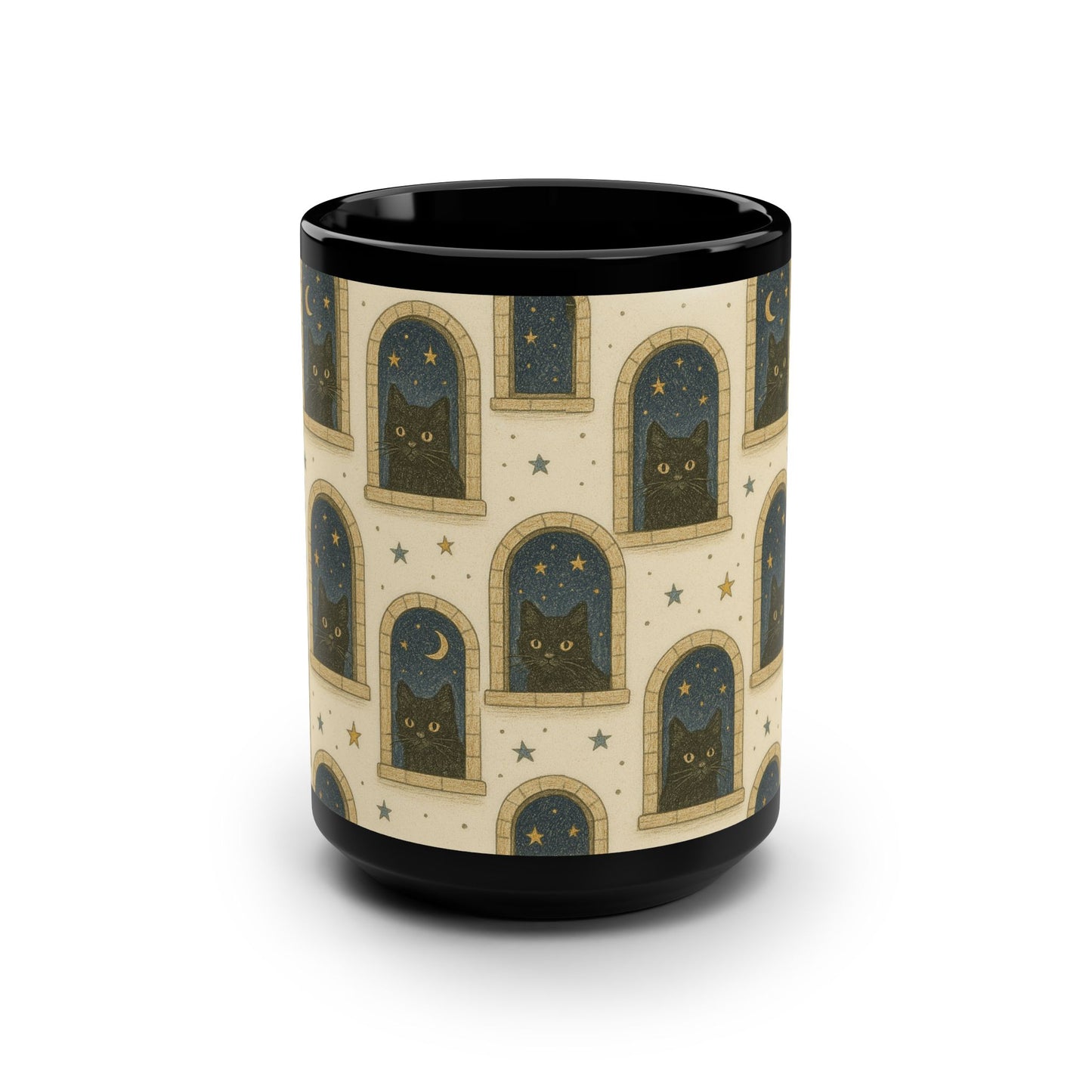 Whimsical Cat-Themed Mug | 15oz Black Ceramic Coffee Cup, Cat Lover Gift, Unique Kitchenware, Cozy Home Decor, Halloween Drinkware