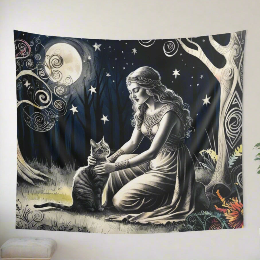 Moonlight Blessing Wall Tapestry – A Forest Goddess and Her Cat