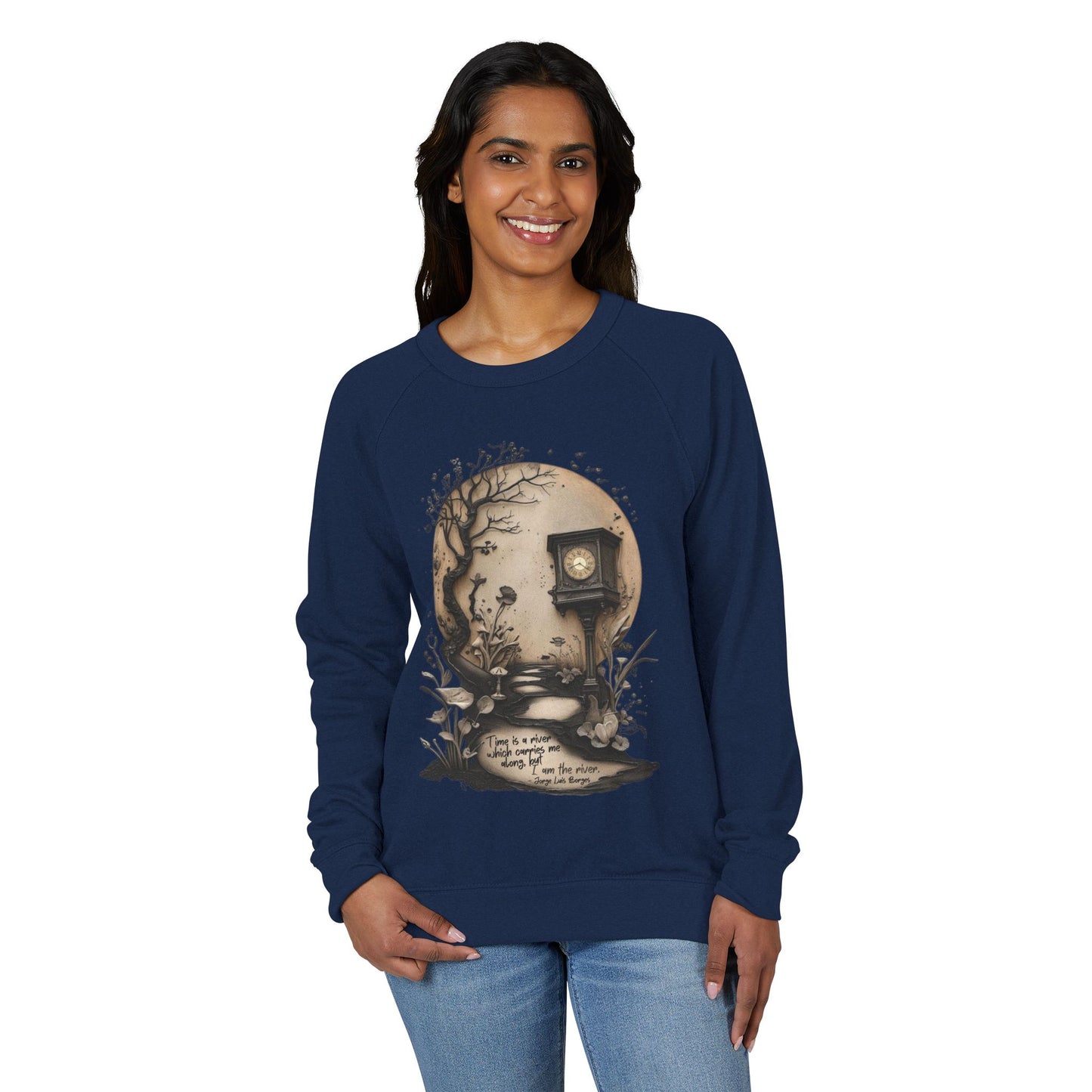 Surreal "Time Is a River" Borges Quote Sweatshirt, Clock & Forest Design on Lane Seven French Terry Crewneck, Dark Fairytale Aesthetic
