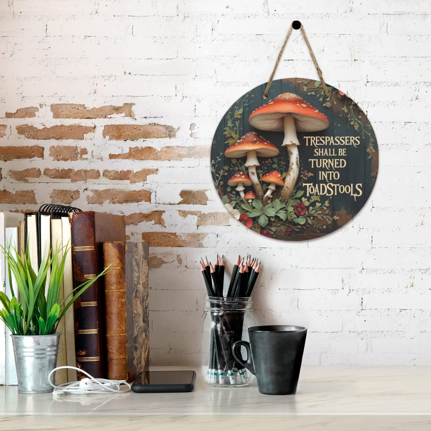 Whimsical "No Trespassing" Wooden Door Sign | Trespassers Shall Be Turned Into Toadstools