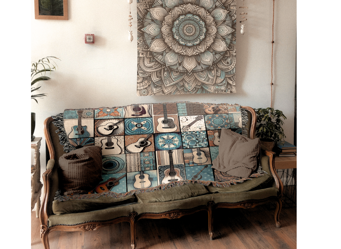 Woven Blanket - Acoustic Guitar Patchwork in Brown and Blue