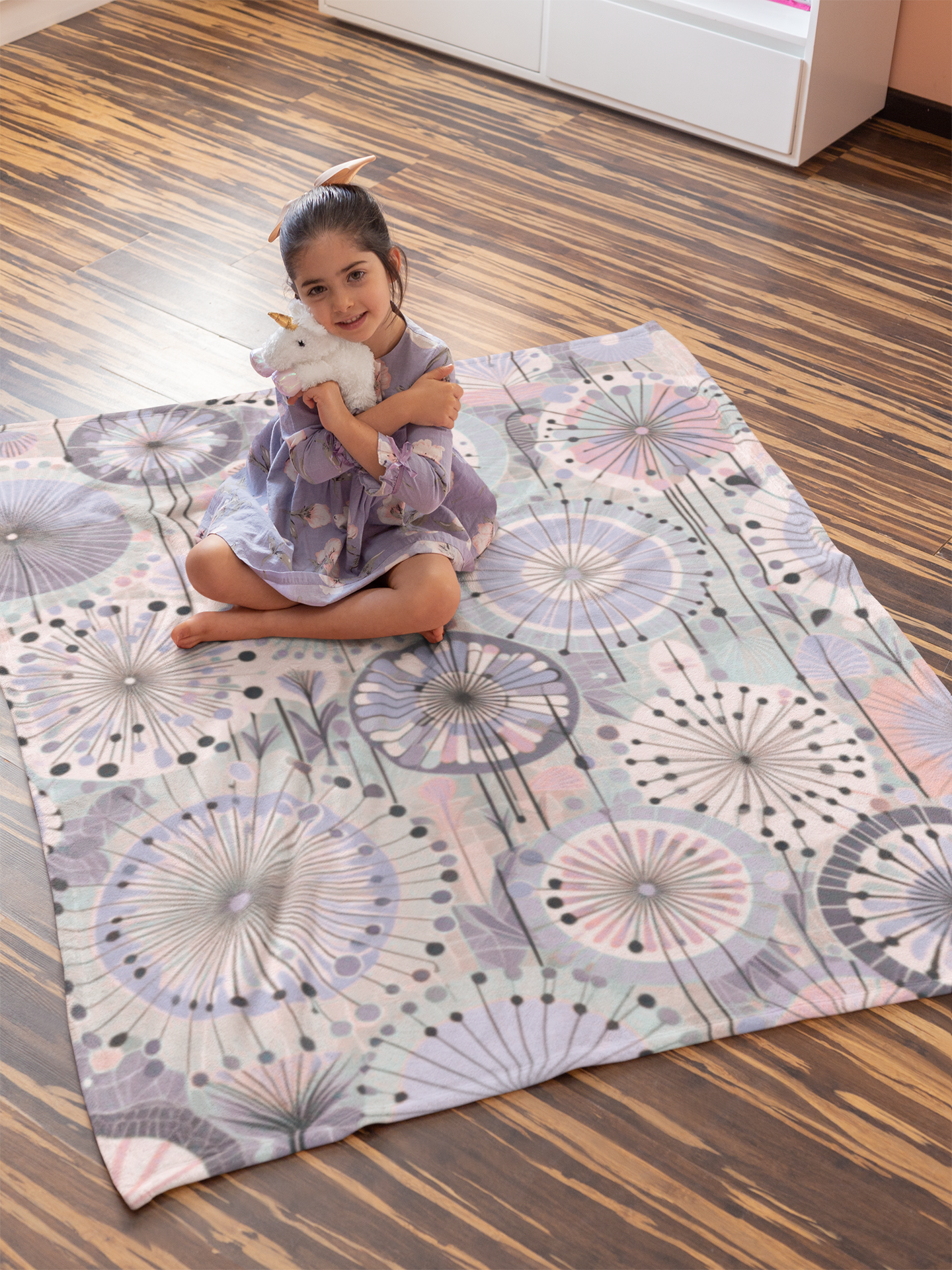 Velveteen Plush Blanket - Whimsical Dandelion Purple and Pink Pastels