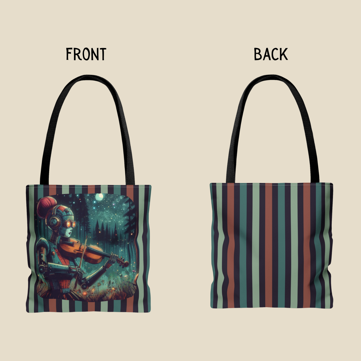 Tote Bag - Retro-Futuristic Robot Playing Violin in the Forest Night
