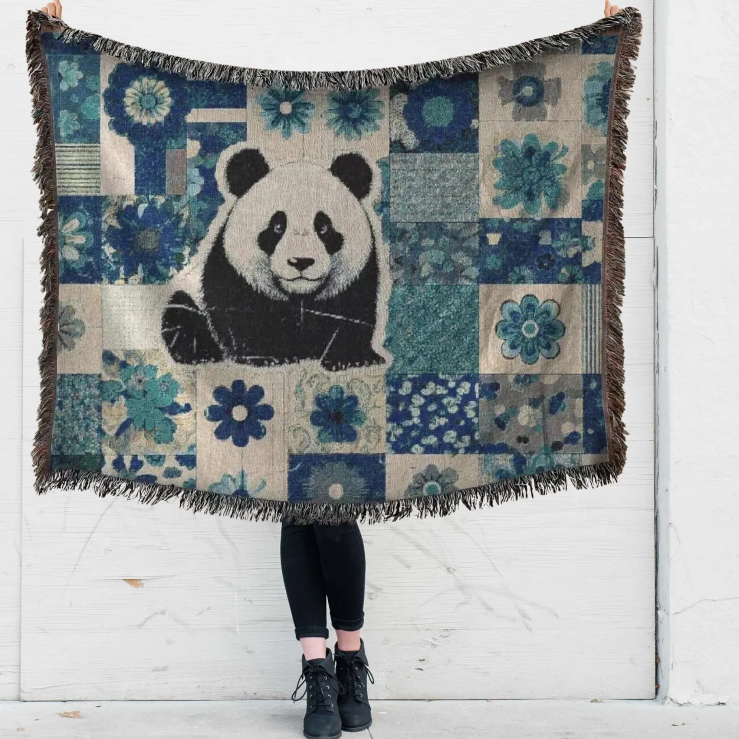 Panda Patchwork Woven Blanket – Green & Blue Floral Cotton Throw