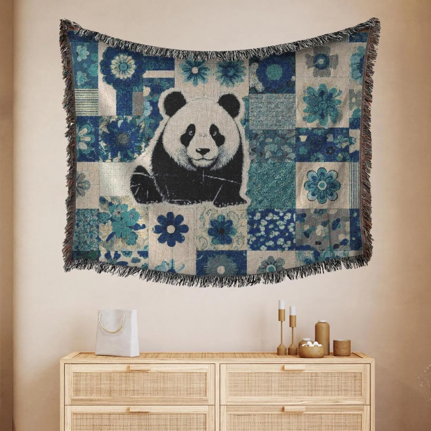 Panda Patchwork Woven Blanket – Green & Blue Floral Cotton Throw