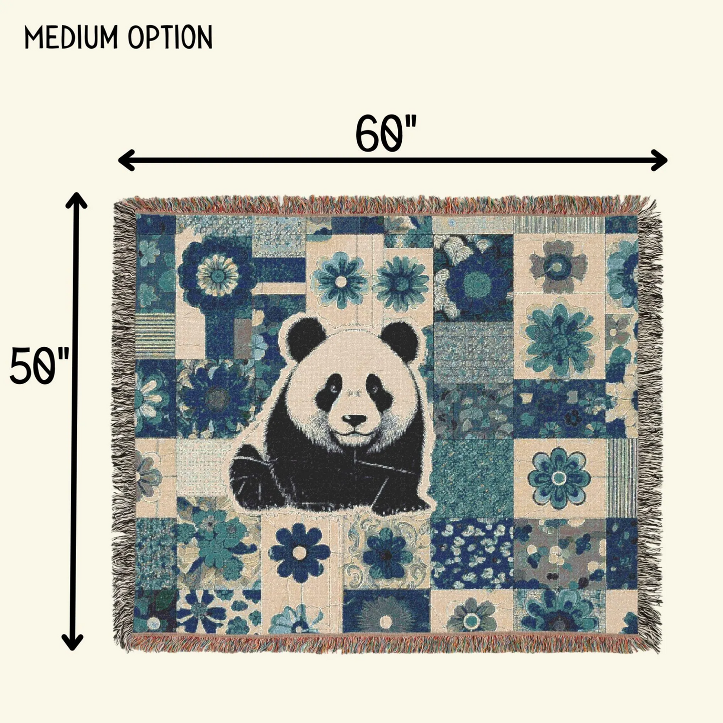 Panda Patchwork Woven Blanket – Green & Blue Floral Cotton Throw