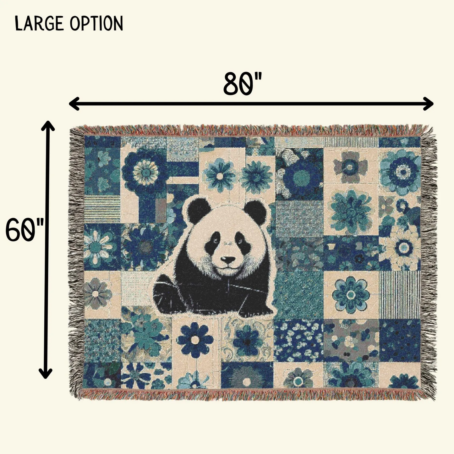 Panda Patchwork Woven Blanket – Green & Blue Floral Cotton Throw