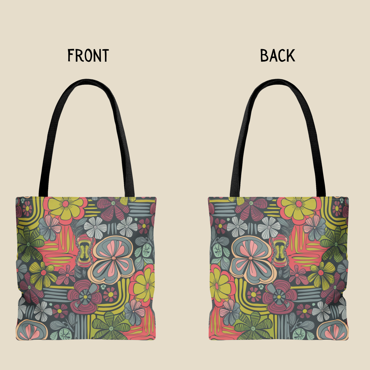 Bold Floral Tote Bag – Retro-Style Reusable Market Bag in 3 Sizes