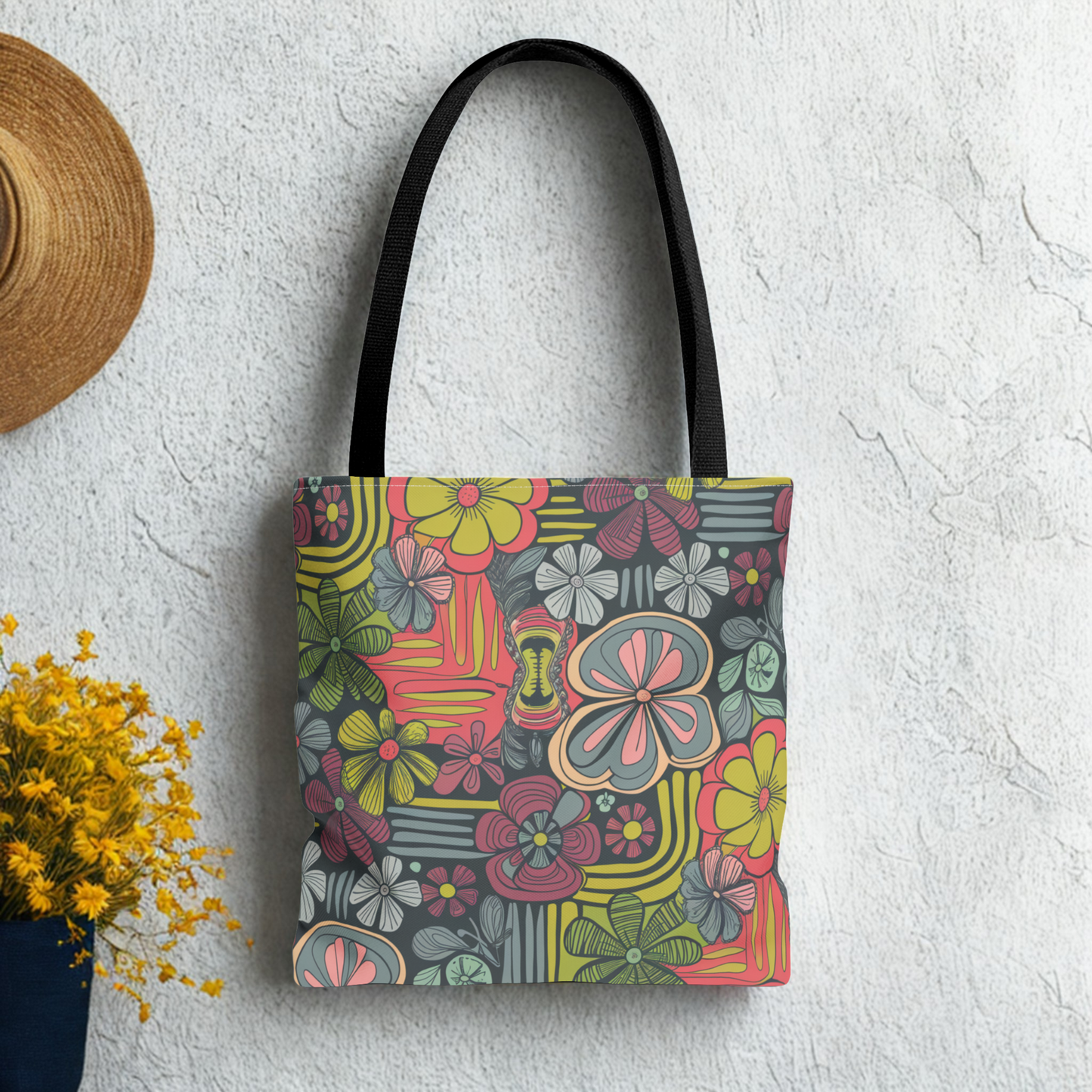 Bold Floral Tote Bag – Retro-Style Reusable Market Bag in 3 Sizes