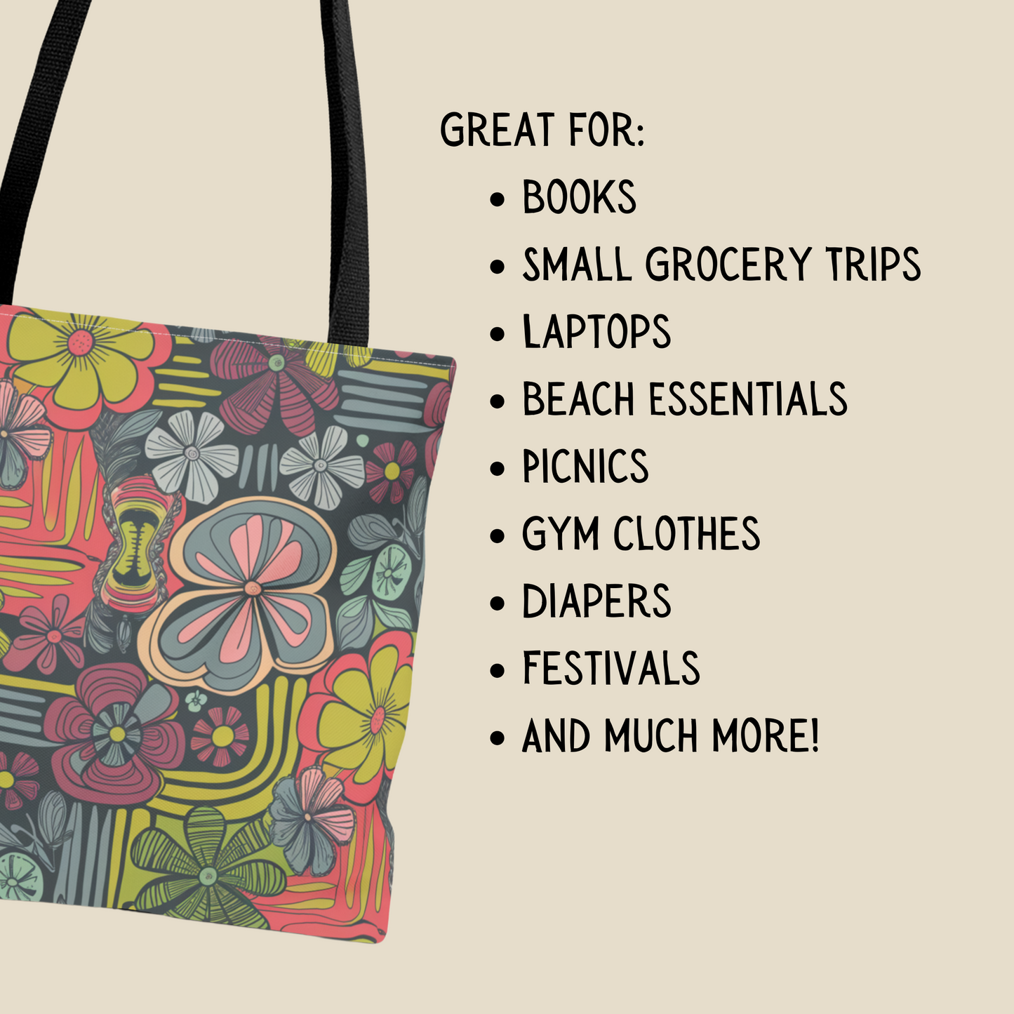 Bold Floral Tote Bag – Retro-Style Reusable Market Bag in 3 Sizes