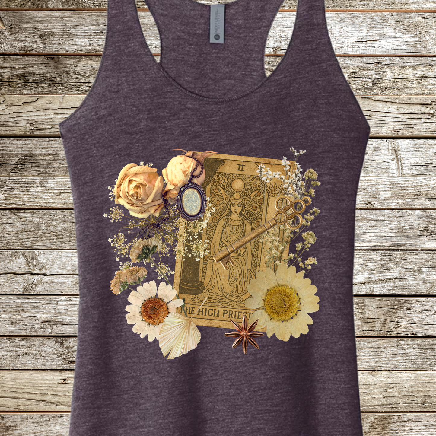 Boho Floral Racerback Tank Top with High Priestess Card and Antique Ephemera