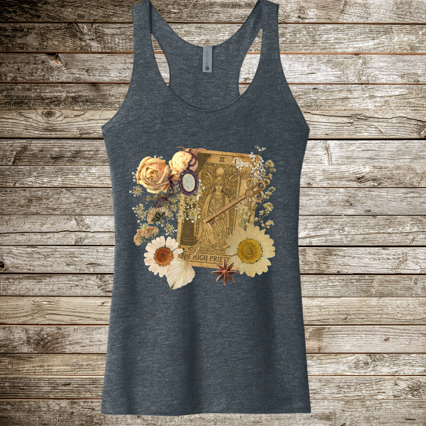 Boho Floral Racerback Tank Top with High Priestess Card and Antique Ephemera
