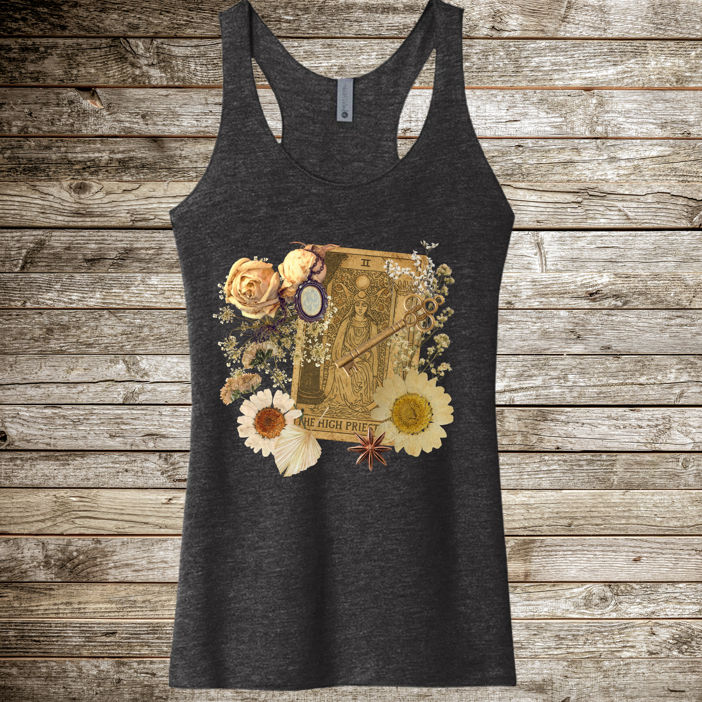 Boho Floral Racerback Tank Top with High Priestess Card and Antique Ephemera