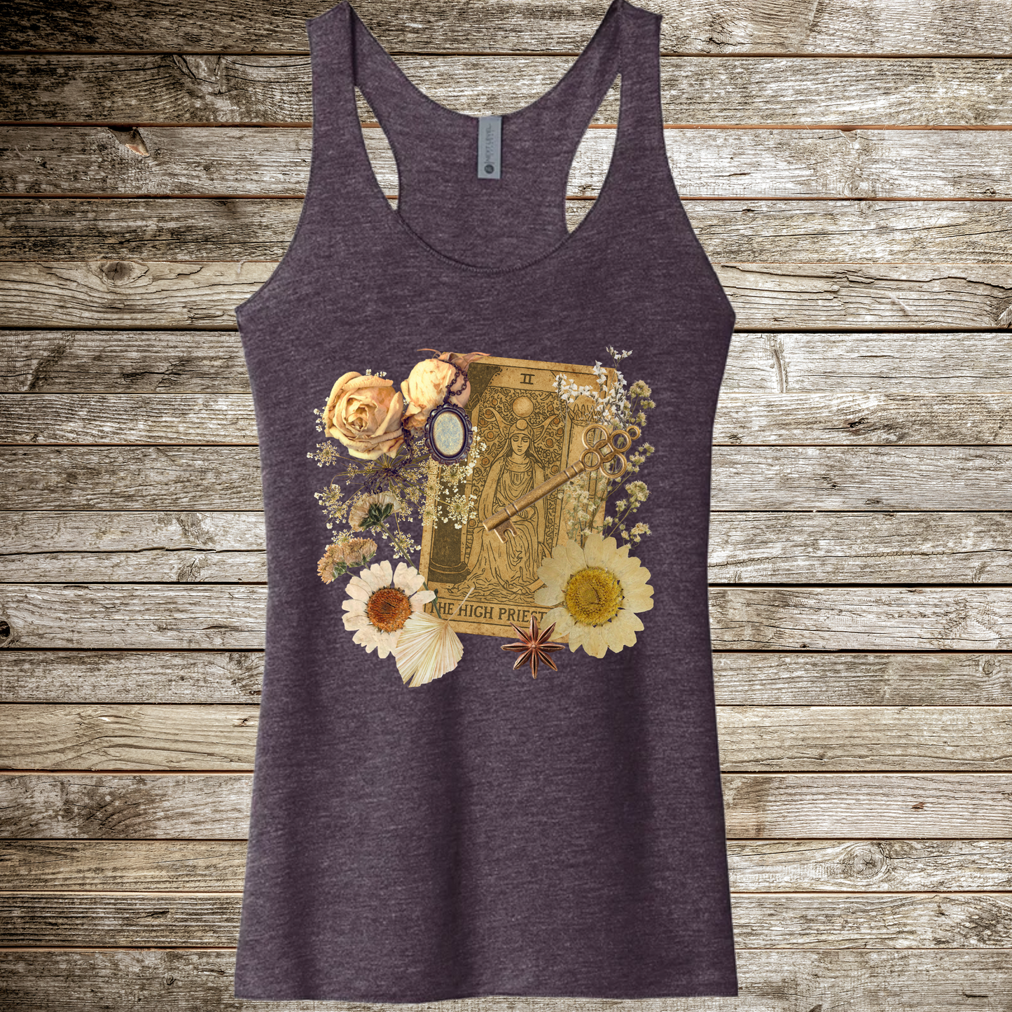 Boho Floral Racerback Tank Top with High Priestess Card and Antique Ephemera