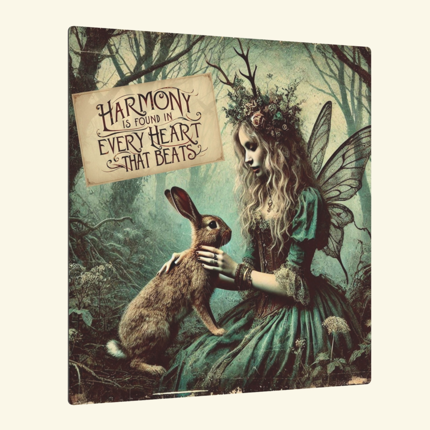 Fairy & Rabbit Metal Wall Art – Harmony Quote Forest Decor
