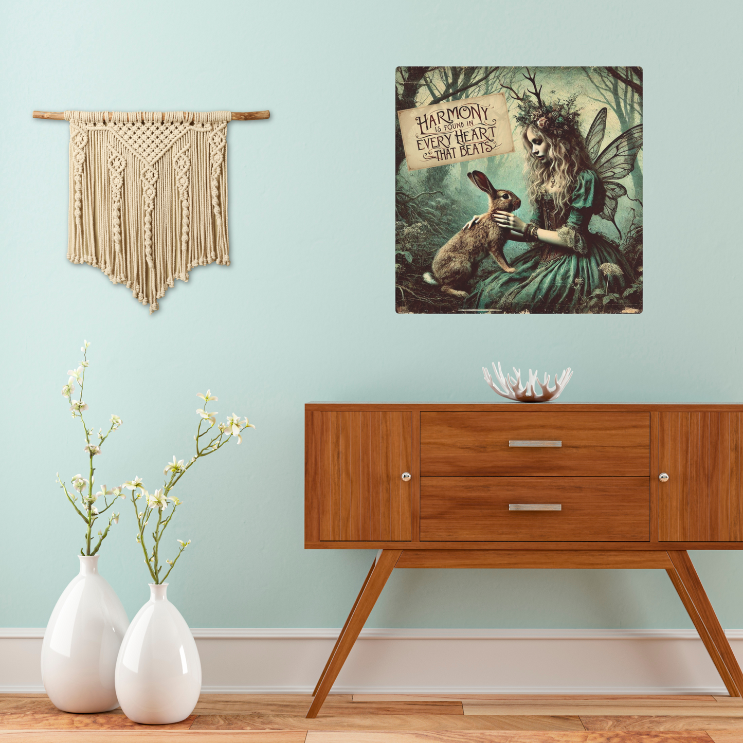 Fairy & Rabbit Metal Wall Art – Harmony Quote Forest Decor