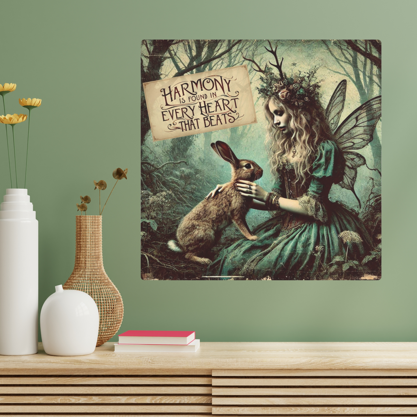 Fairy & Rabbit Metal Wall Art – Harmony Quote Forest Decor