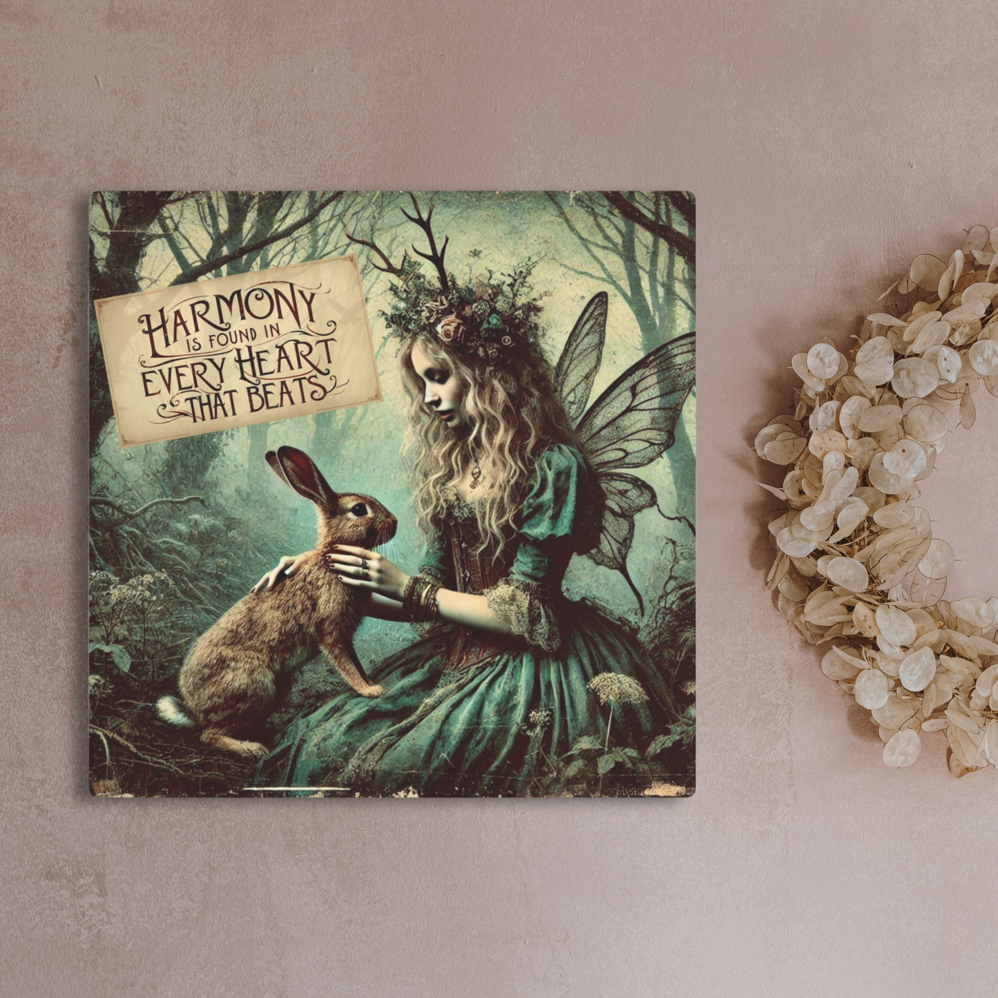 Fairy & Rabbit Metal Wall Art – Harmony Quote Forest Decor