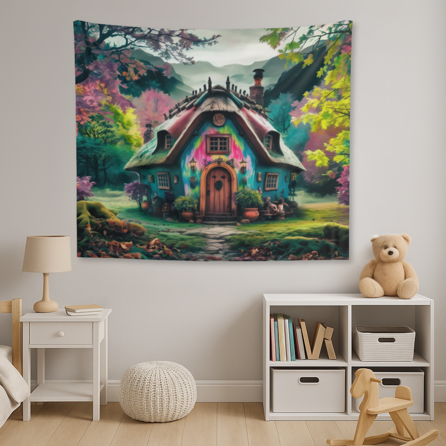 Whimsical Cottage Forest Tapestry – Mystical Wall Art