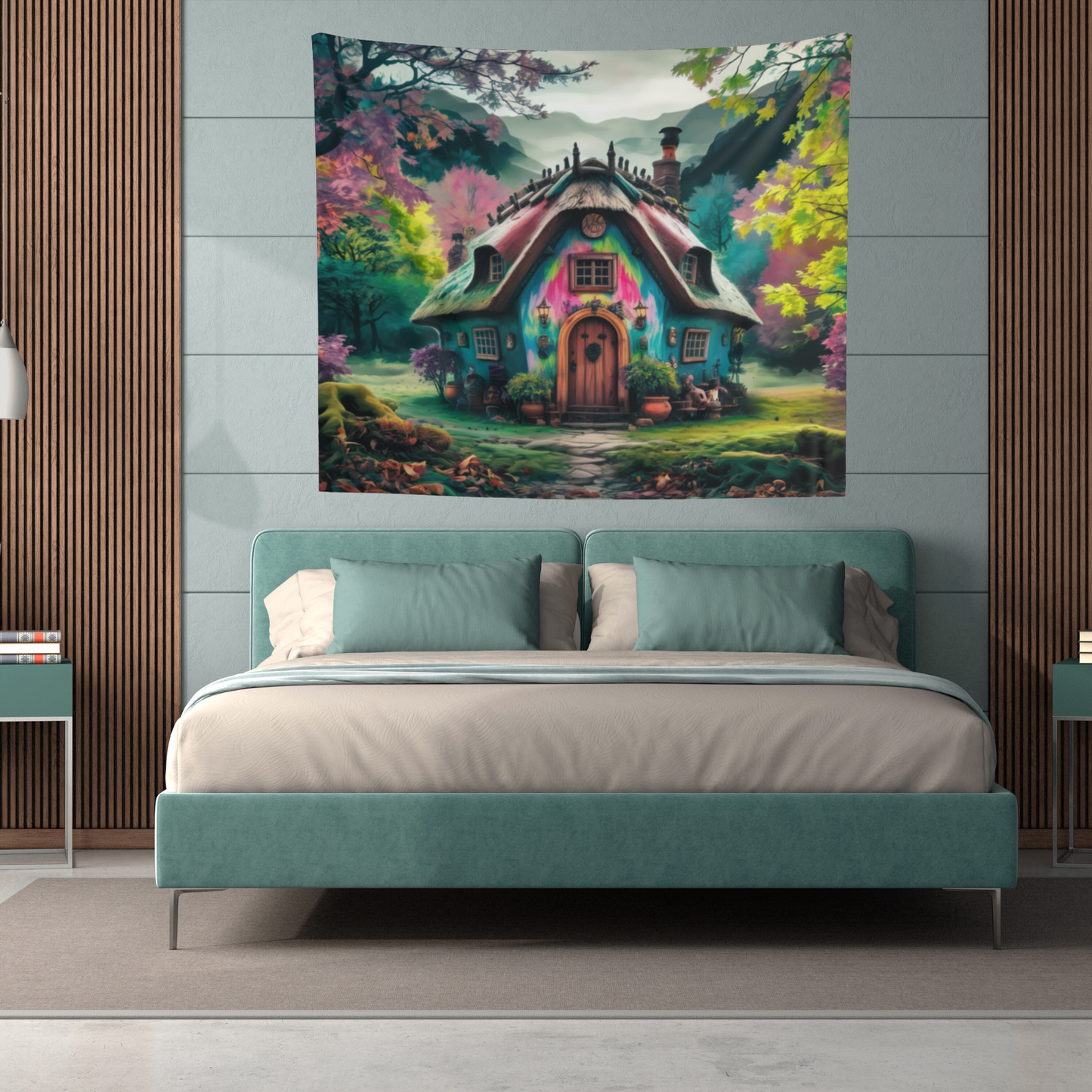 Whimsical Cottage Forest Tapestry – Mystical Wall Art