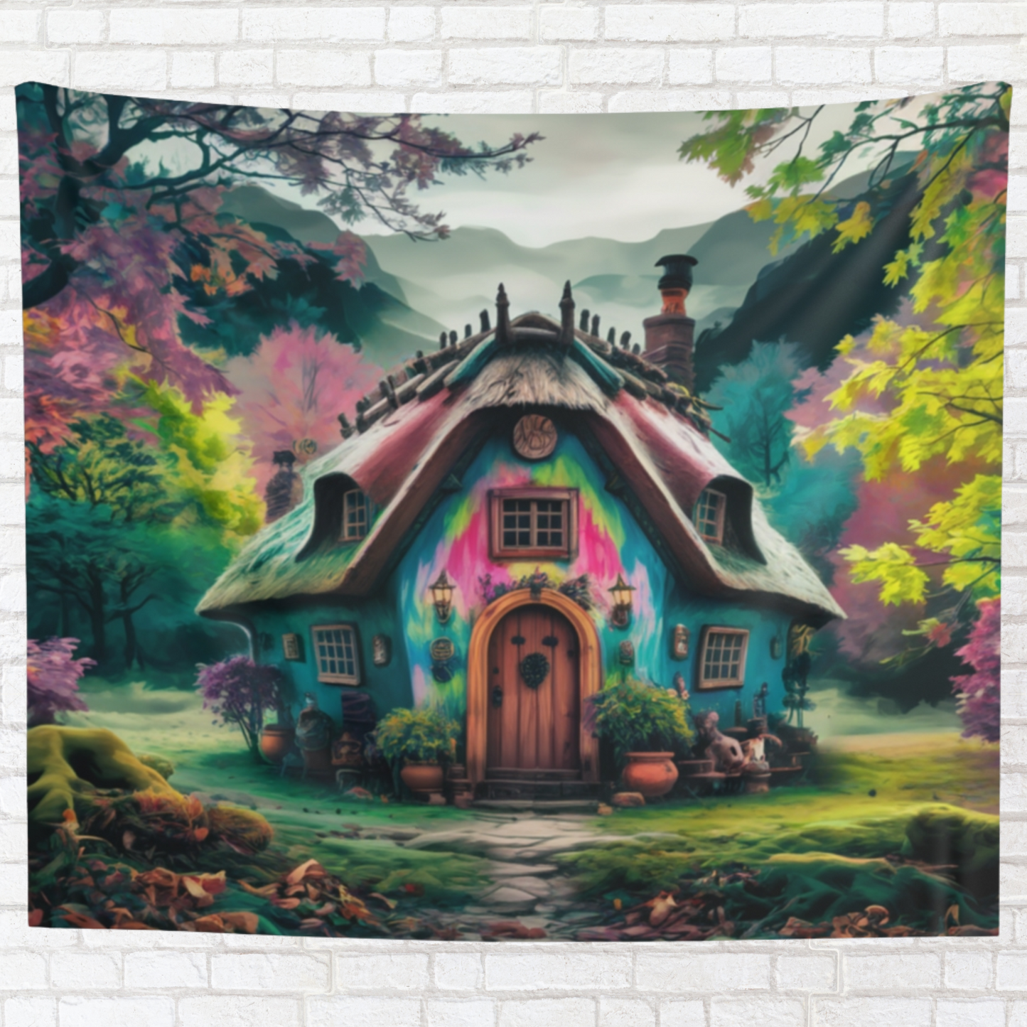 Whimsical Cottage Forest Tapestry – Mystical Wall Art