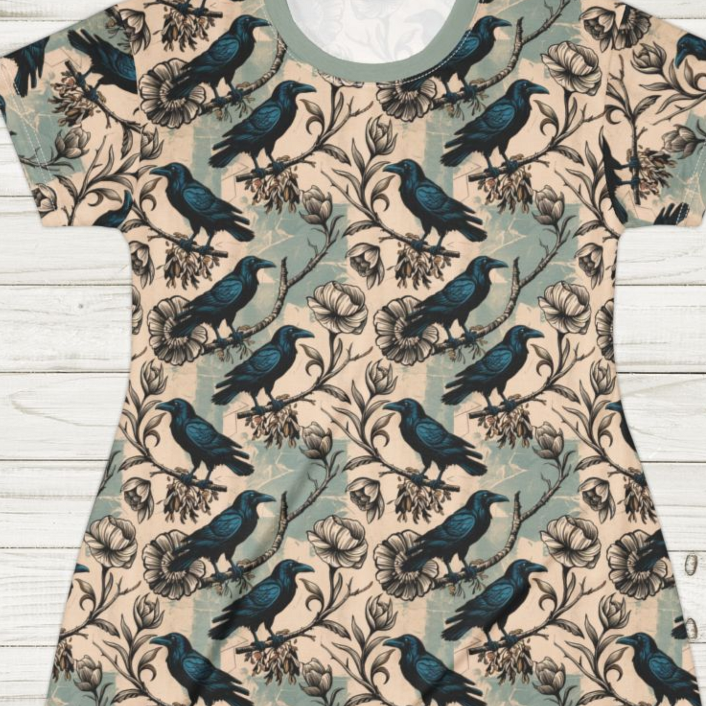 Crow Sketch T-Shirt Dress – Gothic Parchment Botanical Tunic