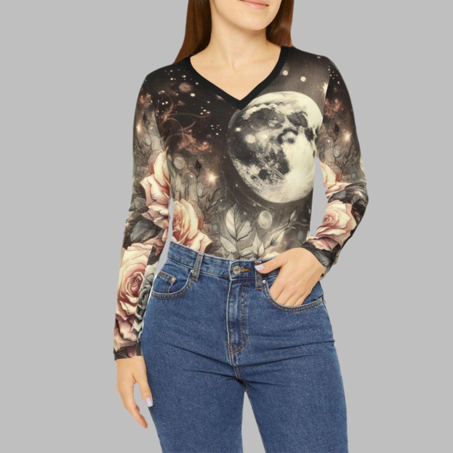 Women's Long Sleeve V-neck Shirt - Vintage Roses with Full Moon Celestial All-Over Print