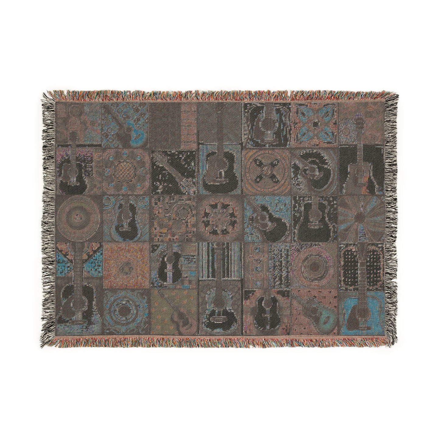 Woven Blanket - Acoustic Guitar Patchwork in Brown and Blue