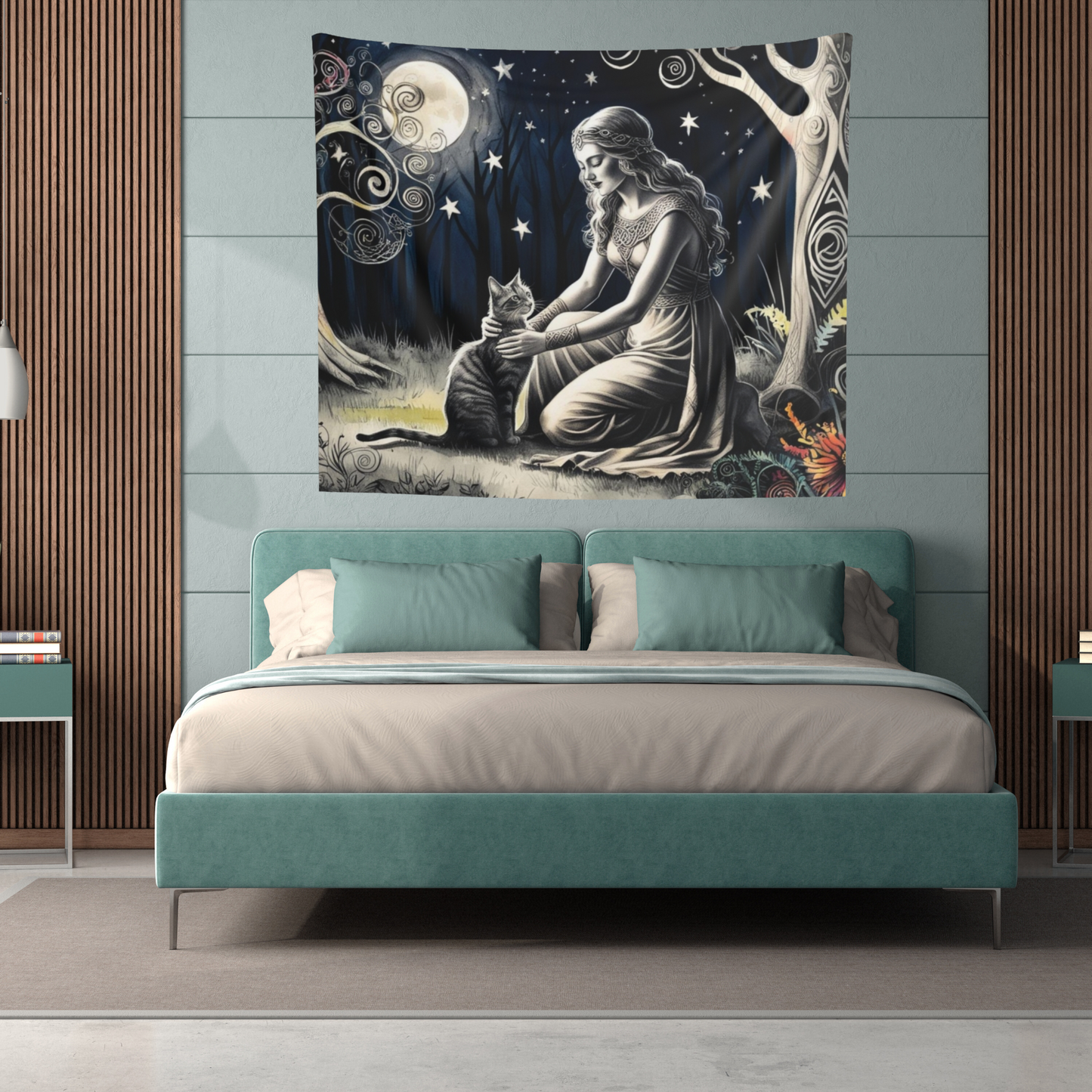 Moonlight Blessing Wall Tapestry – A Forest Goddess and Her Cat