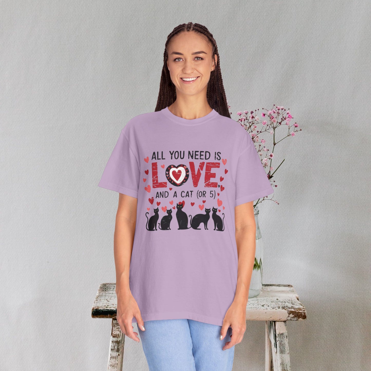 All You Need Is Love and a Cat (or 5) Tee – Comfort Colors Cat Lover T-Shirt