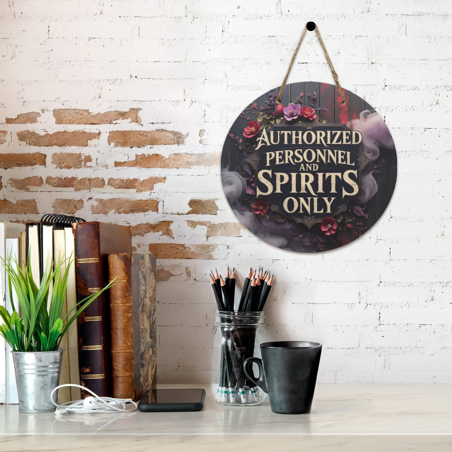 Authorized Personnel and Spirits Only Round Wooden Sign | Gothic Halloween Door Hanger