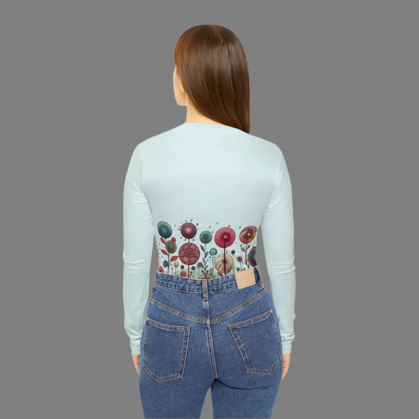 Women's Long Sleeve V-Neck Top β Whimsical Floral Design on Front and Back, Pale Blue, Soft Lightweight Knit