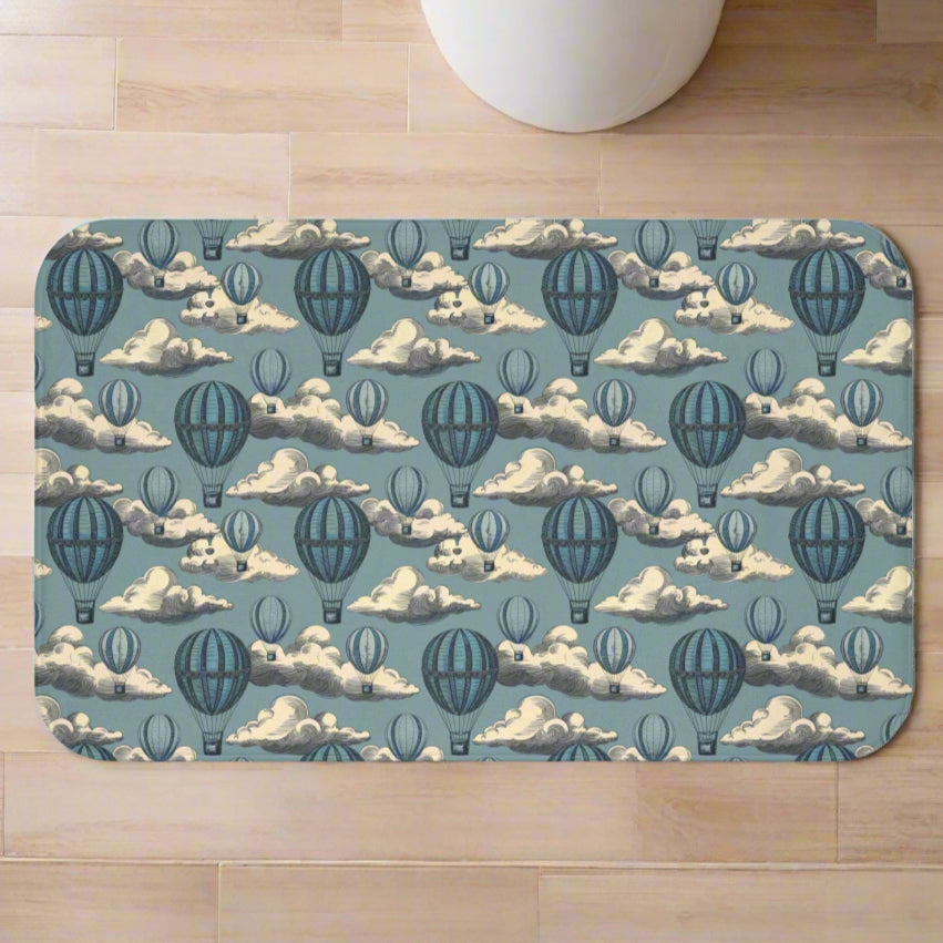 Vintage Hot Air Balloon Bath Mat – Whimsical Cloud Bathroom Rug, Cozy Travel Decor, Soft Memory Foam Mat with Non-Slip Backing