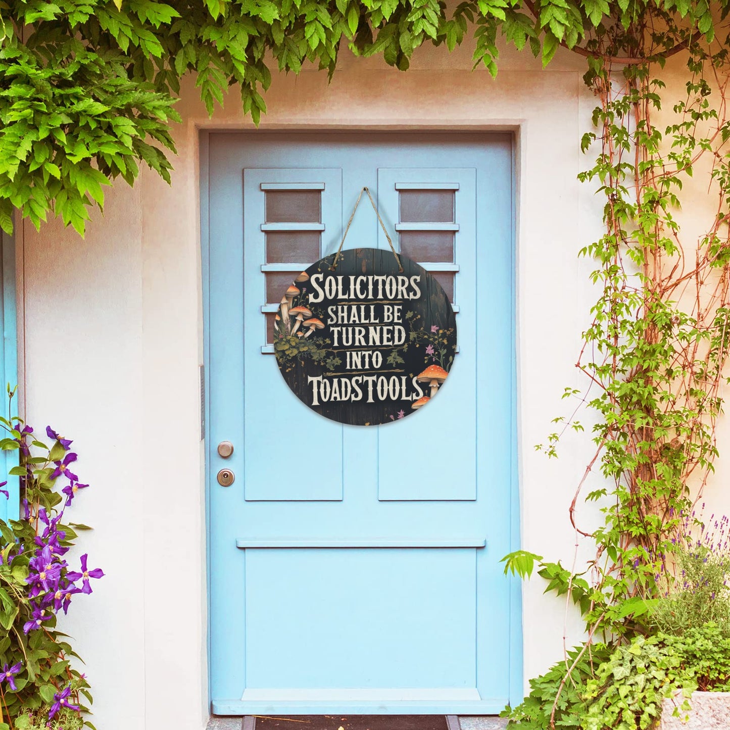 Funny "No Soliciting" Wooden Door Sign, Halloween Decor | Solicitors Shall Be Turned Into Toadstools