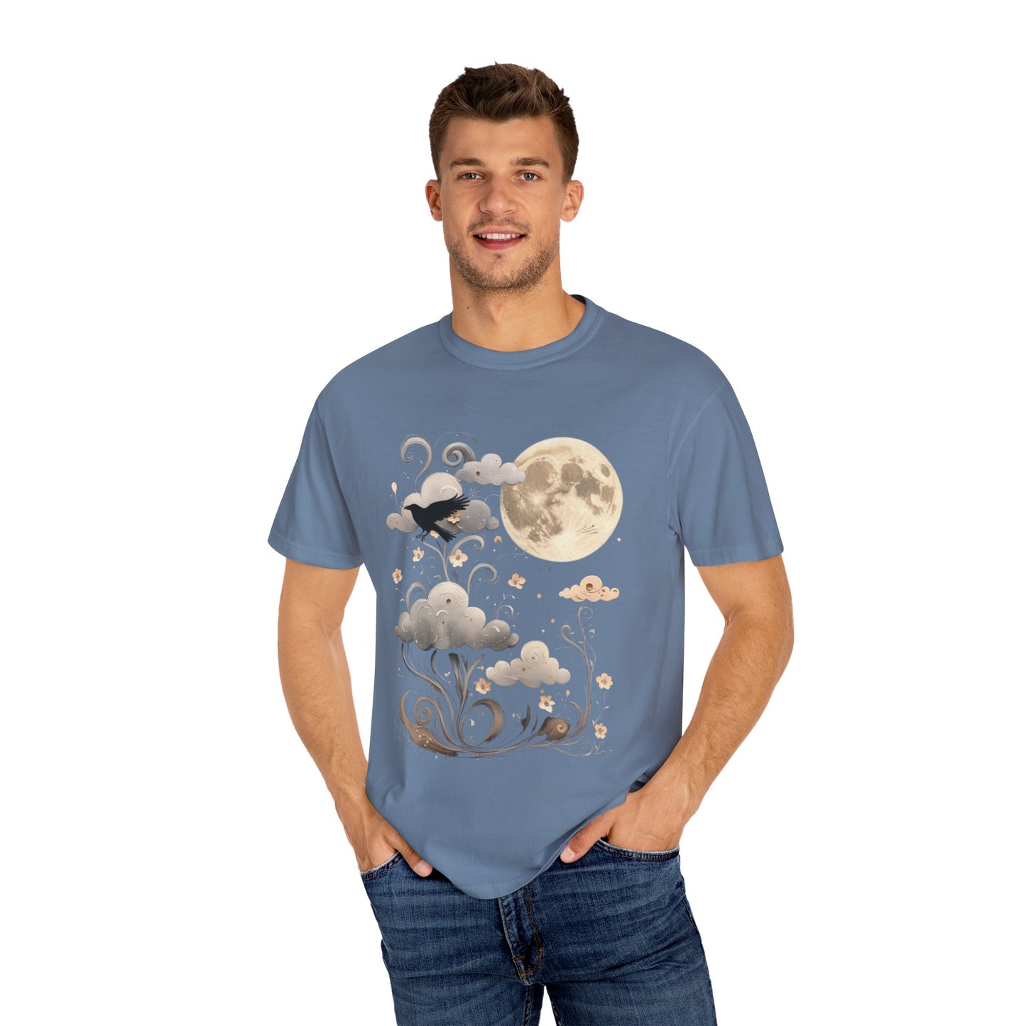 Moonlit Crow Comfort Colors T-Shirt, Halloween Mystical Raven Shirt, Dark Nature Art Tee, Cloud and Moon Graphic, Soft Cotton Witchy T-Shirt