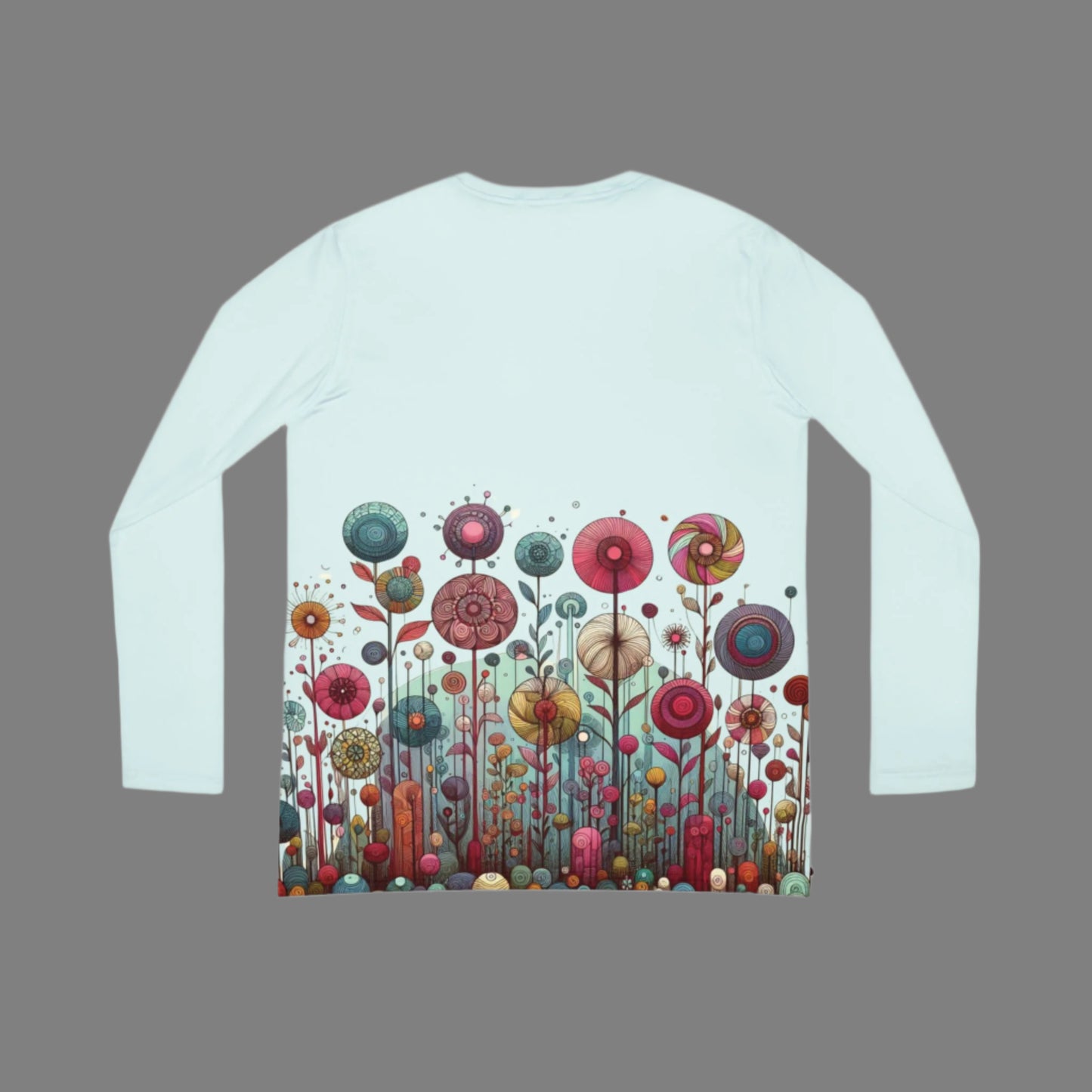 Women's Long Sleeve V-Neck Top β Whimsical Floral Design on Front and Back, Pale Blue, Soft Lightweight Knit