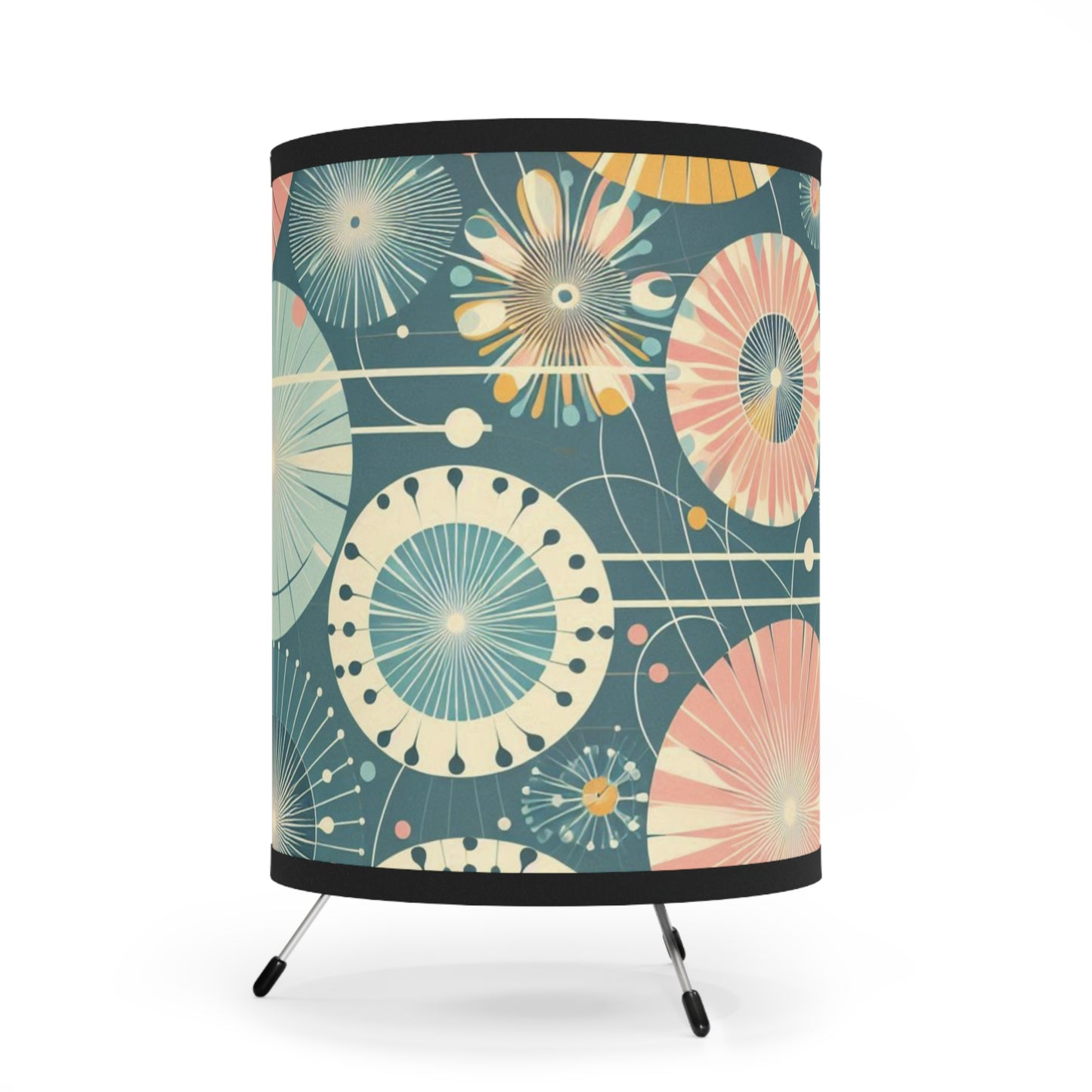 Tripod Table Lamp - Retro Dandelions Over Dark Teal