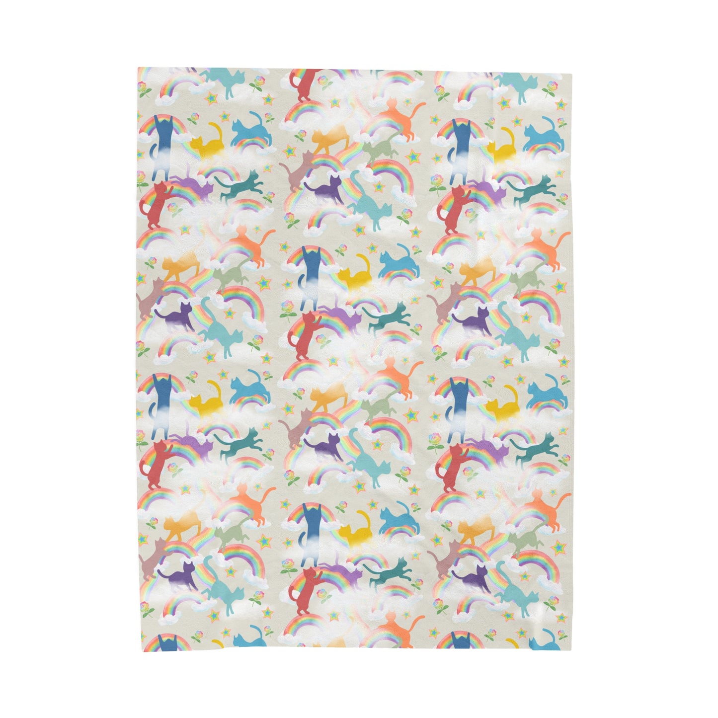 Velveteen Plush Blanket - Kitties Playing in Rainbows and Clouds